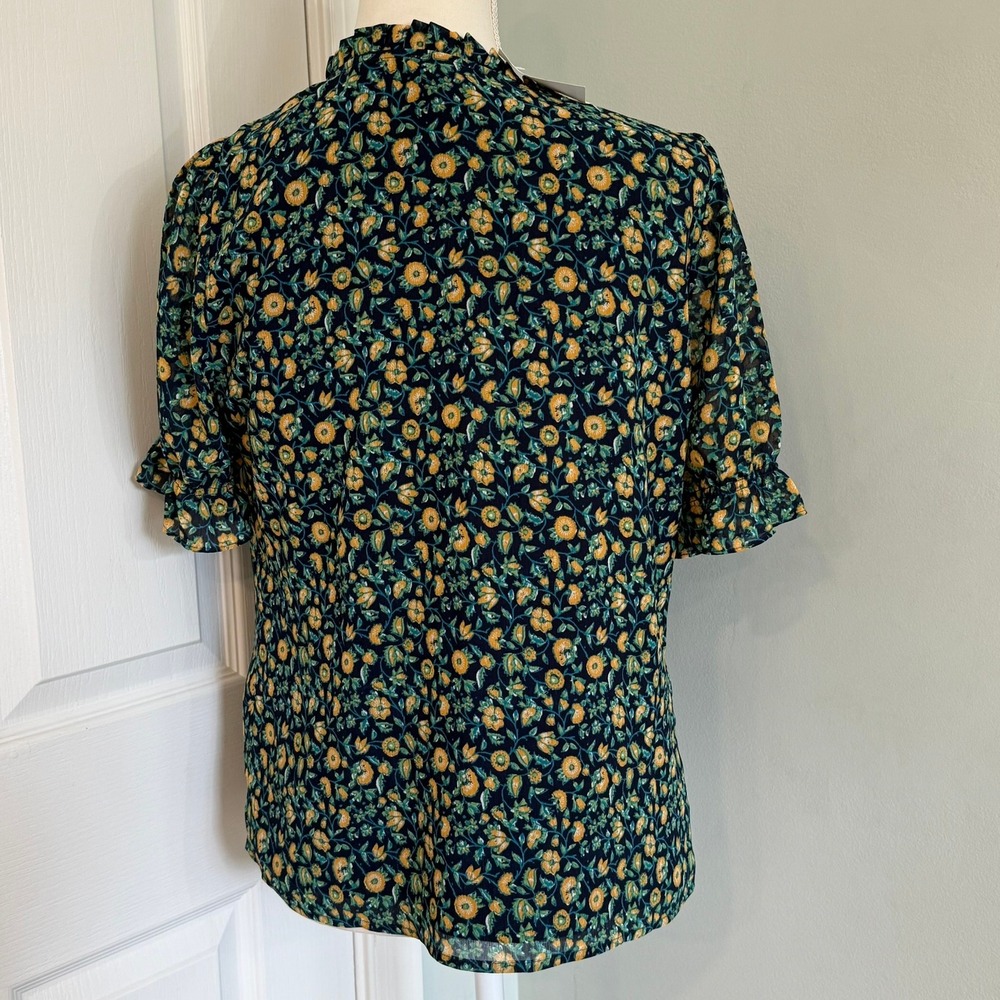 J. Crew Factory Women's Ruffle Tie-Neck Short Sleeve Blouse Navy Floral NWT S - Picture 3 of 15